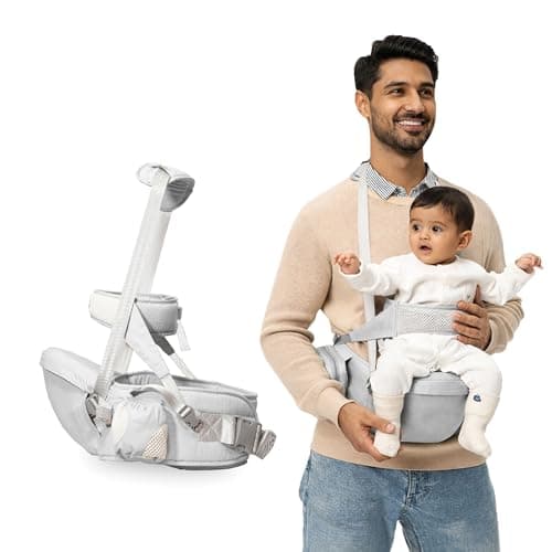 Kids Station Baby Carrier with 4 Carry Positions, Patented Design, Baby Carrier made up of Cotton, Designed for Indian Environment, Adjustable New-Born to Toddler Carrier, Max Weight Up to 15 Kgs (Grey, Happy Strap)
