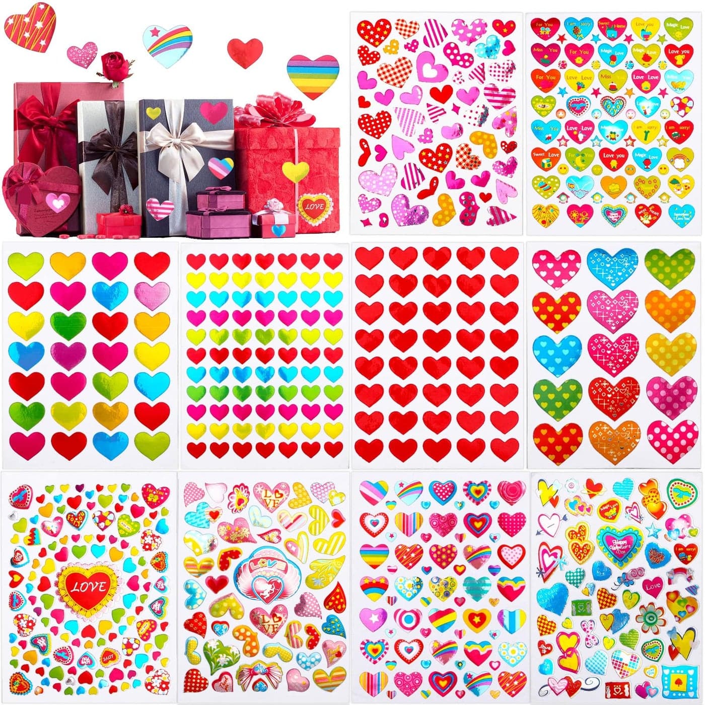 JULMELON 6000 Pieces Love Heart Stickers Glitter Colorful Heart Stickers Craft Scrapbook Envelopes Decorative Heart Stickers Bulk for Valentines Day Anniversaries Wedding Party Favors