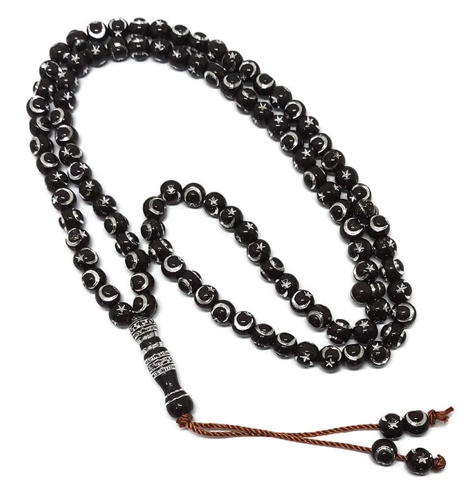 Muslim Tasbih 99 Beads AMN238 Islam Prayer Rosary with Moon Star Engraved on Islamic Religious Eid Ramadan Gift Dark Brown