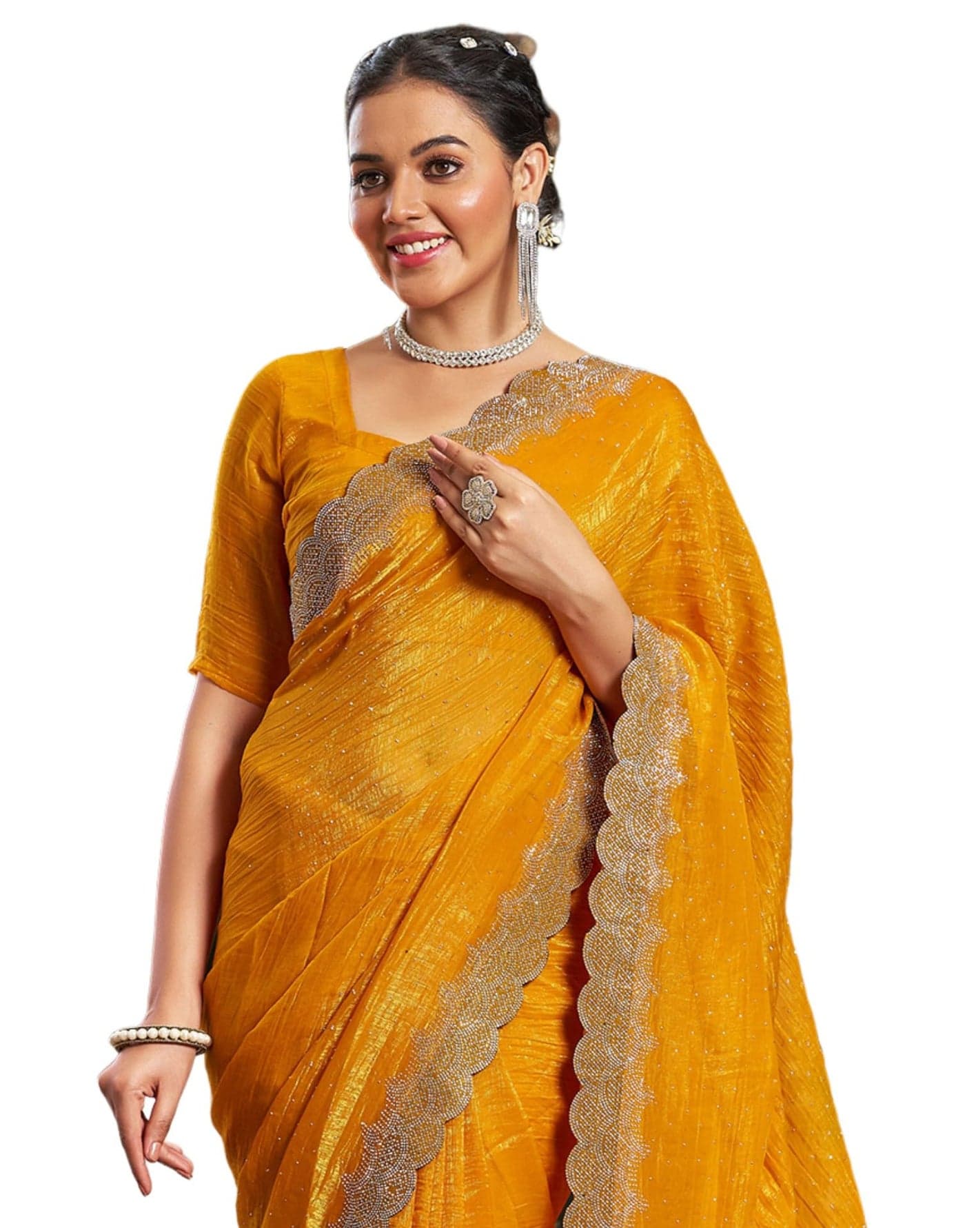 SIRIL Women's Shimmer Chiffon Stone Work Saree with Unstitched blouse Piece (4304S195_Turmeric Yellow)