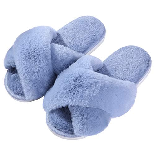 Evshine Women's Fuzzy Slippers Cross Band Memory Foam House Slippers Open Toe, Blue, 38-39 (Size 7-8)