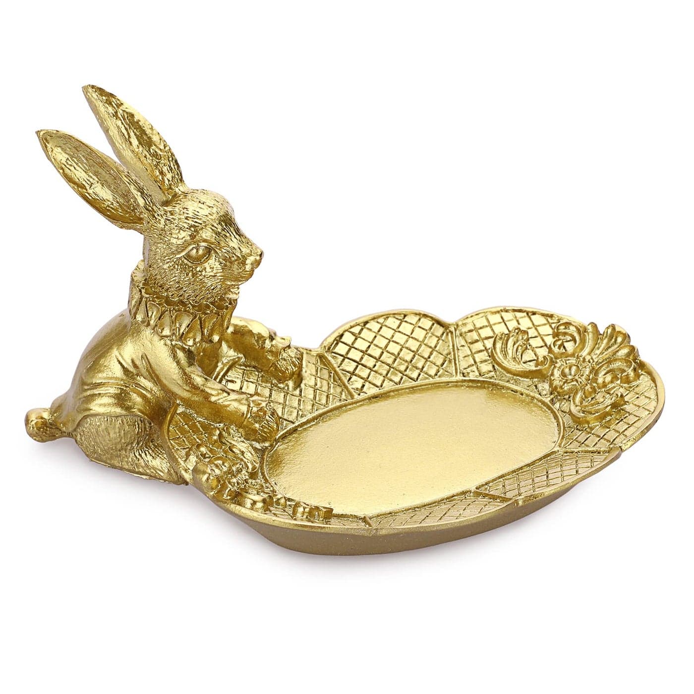 ELLDOO Golden Easter Bunny Figurine Jewelry Ring Tray Trinket Holder Decorative Serving Tray Small Rabbit Statue Cute Ornament Animal Sculpture Collectible Figurine Home Decor
