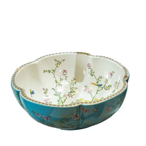 Blue Bathroom Vessel Sinks Ceramic Countertop Jingdezhen Art Flower Shape Wash Basin with Flower and Bird Design,1 Sink Only