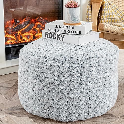 Asuprui Grey Pouf Ottoman Unstuffed Foot Rest 20x20x12 Inches Round Ottoman Pouf NO Filler Floor Poof Bean Bag Chair Foldable Floor Chair Storage for Living Room Bedroom Light Grey Cover ONLY