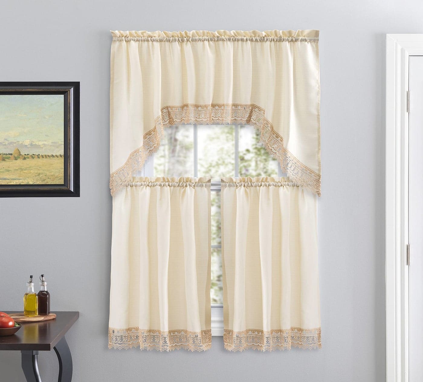 American Linen Caf Curtains for Kitchen Bathroom Curtains with Valance Embroidered lace Border Beige