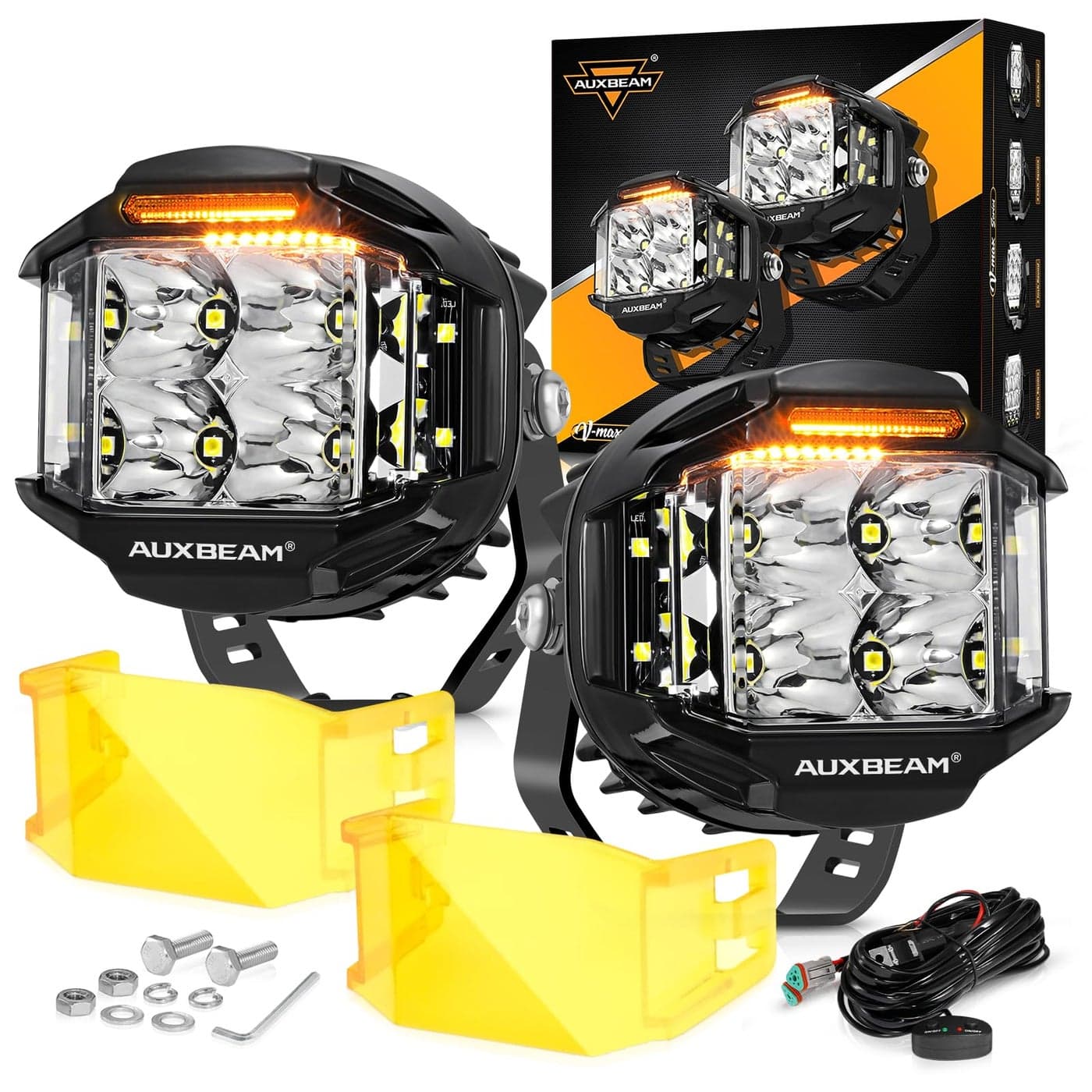 Auxbeam VMAX Series 4in 92W Round LED Pods with Amber Covers Side Shooter LED Offroad Driving Light with DRL 270 Combo Beam Pattern Universal Auxiliary Light for Truck ATV Wrangler Ford Pickup
