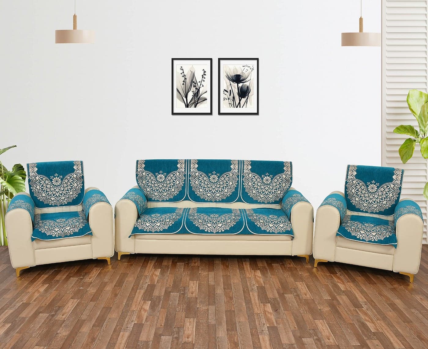 SAWNA HOMES 5 Seater Printed Sofa Cover Set With Arm Covers | Velvet Chenille Back Slip Panels for 3,1,1 Seater | Anti-Slip Washable Protectors for Living Room (12 Pcs, Sky Blue)