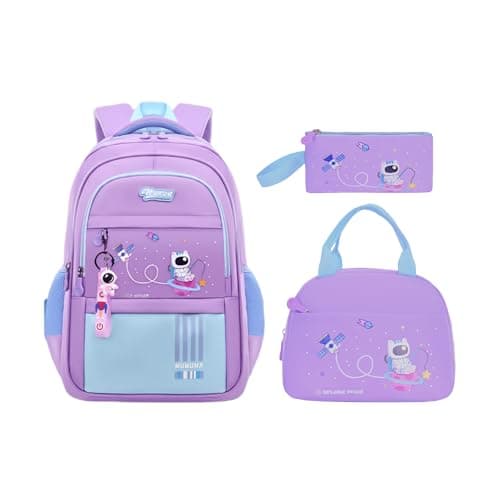 MITOWERMI 3pcs Girls Backpack with Lunch Box School Bags for Girls Lightweight Astronaut Kids Backpack Bookbags Sets for Elementary School Students Purple