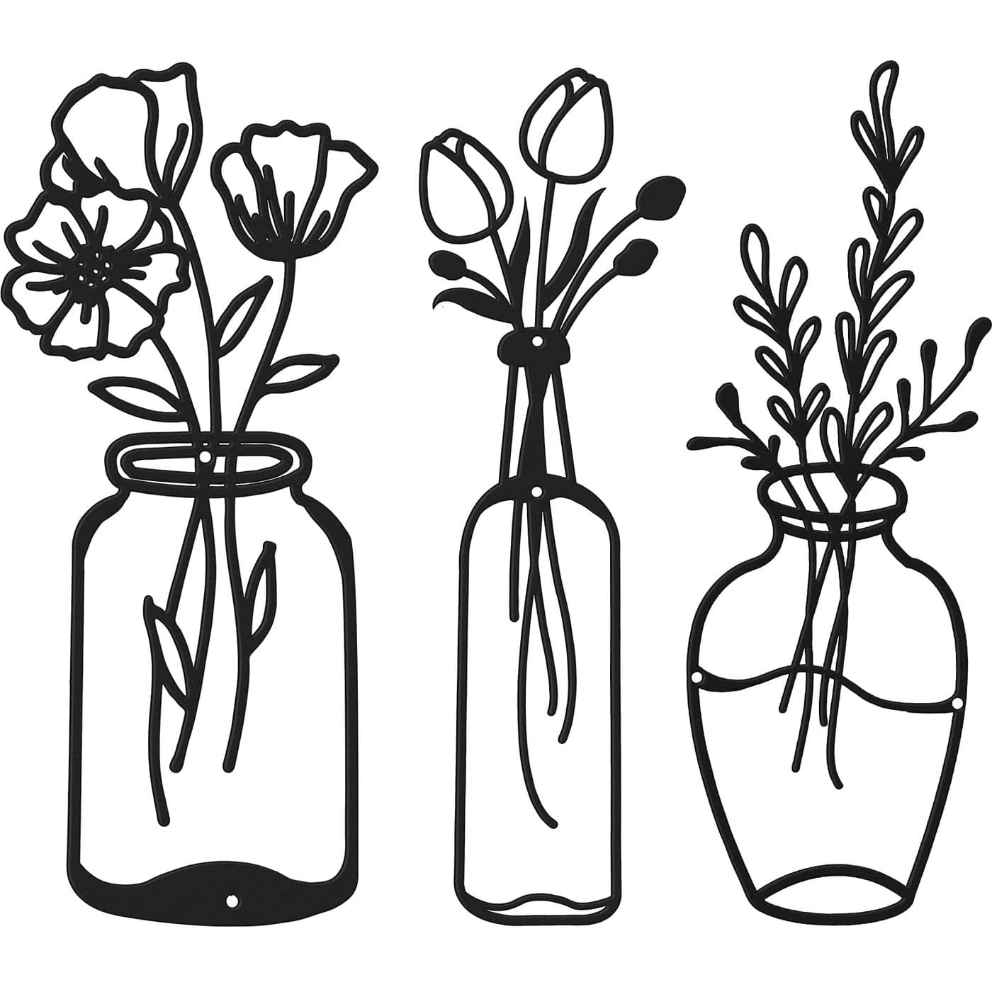 Hotop 3 Pieces Metal Flower Wall Decor Minimalist Vase Wall Art Black Tulip Wire Iron Decor Floral Art Sculpture for Kitchen Bathroom Living Room424555 InchesStylish Style