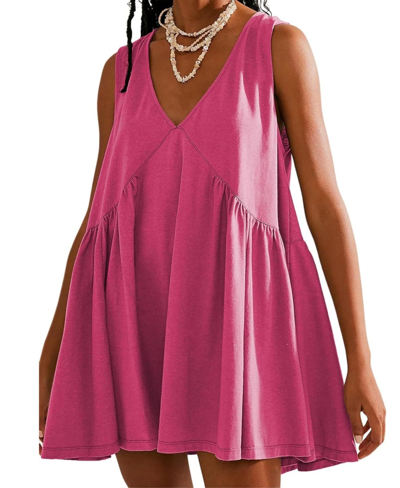 OPCAKM Women's V Neck Sleeveless Mini Dress Loose Summer Pleated Swing Flowy Sundress(Rosered-L)