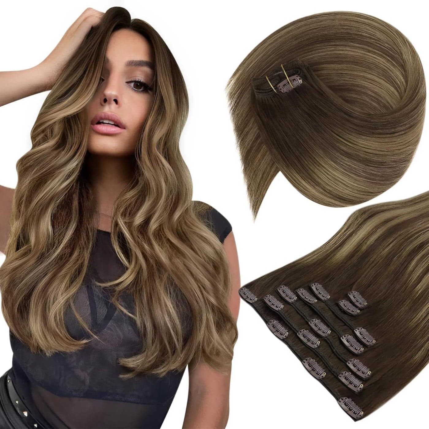 Sunny Hair Clip in Hair Extensions Straight Human Hair Clip in Extensions Remy Clip in Hair Extensions Real Human Hair Extensions Clip ins Balayage Chocolate Brown Ombre Caramel Blonde 18inch