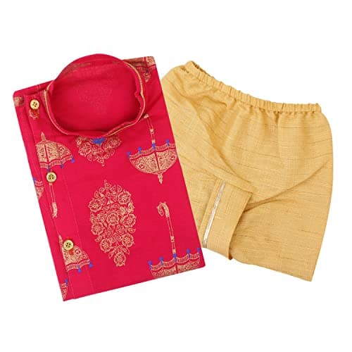 superminis Boy's Golden Foil Printed Side Open Cotton Kurta, Round Collar, Full Sleeves With Cream Color Dhoti (Magenta, 12-18 Months)