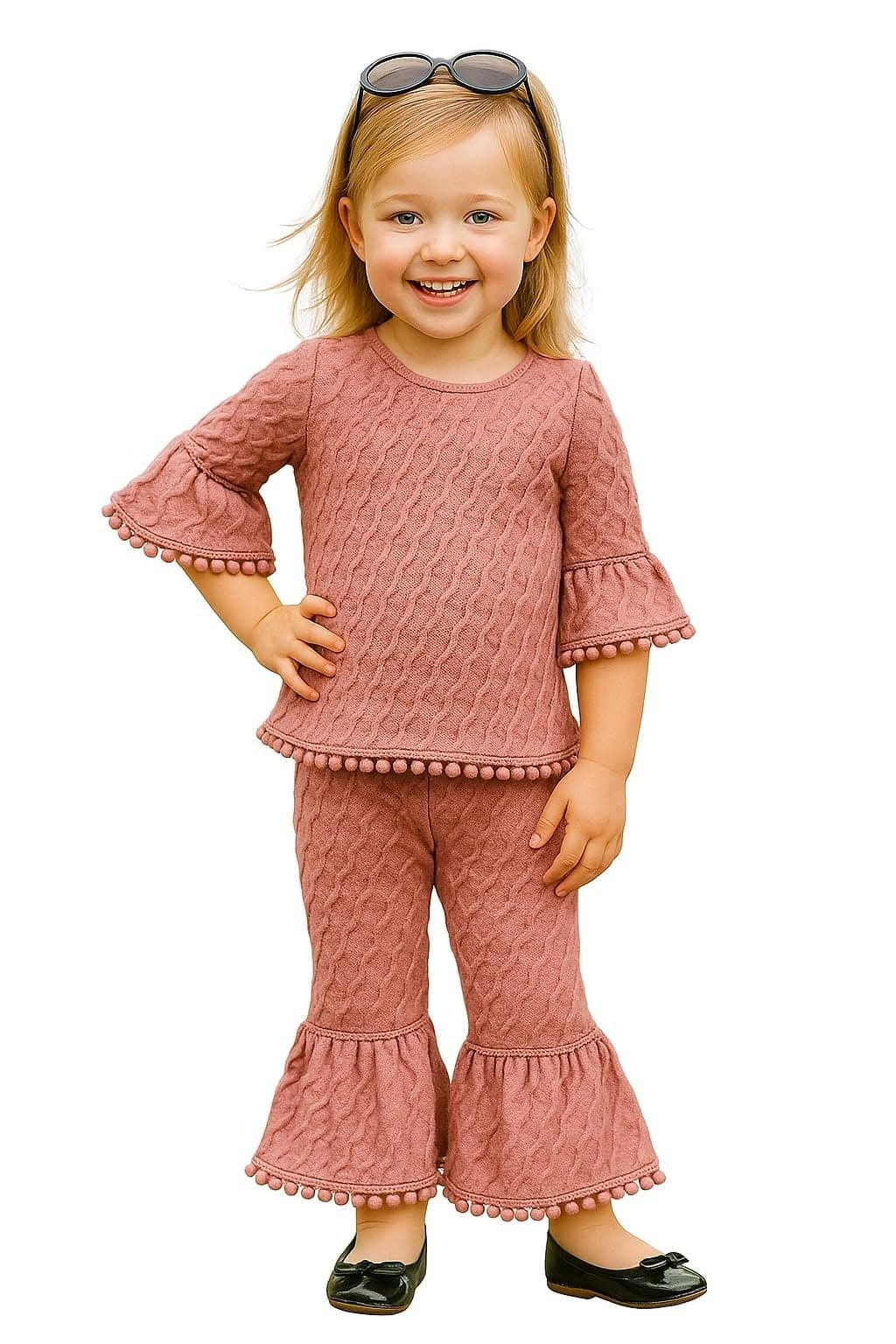 A.T.U.N. (ALL THINGS UBER NICE) Girls Textured Knit Ruffle Sleeve Peplum Top and Bell Bottom Pants Set with Pom-Pom Trim