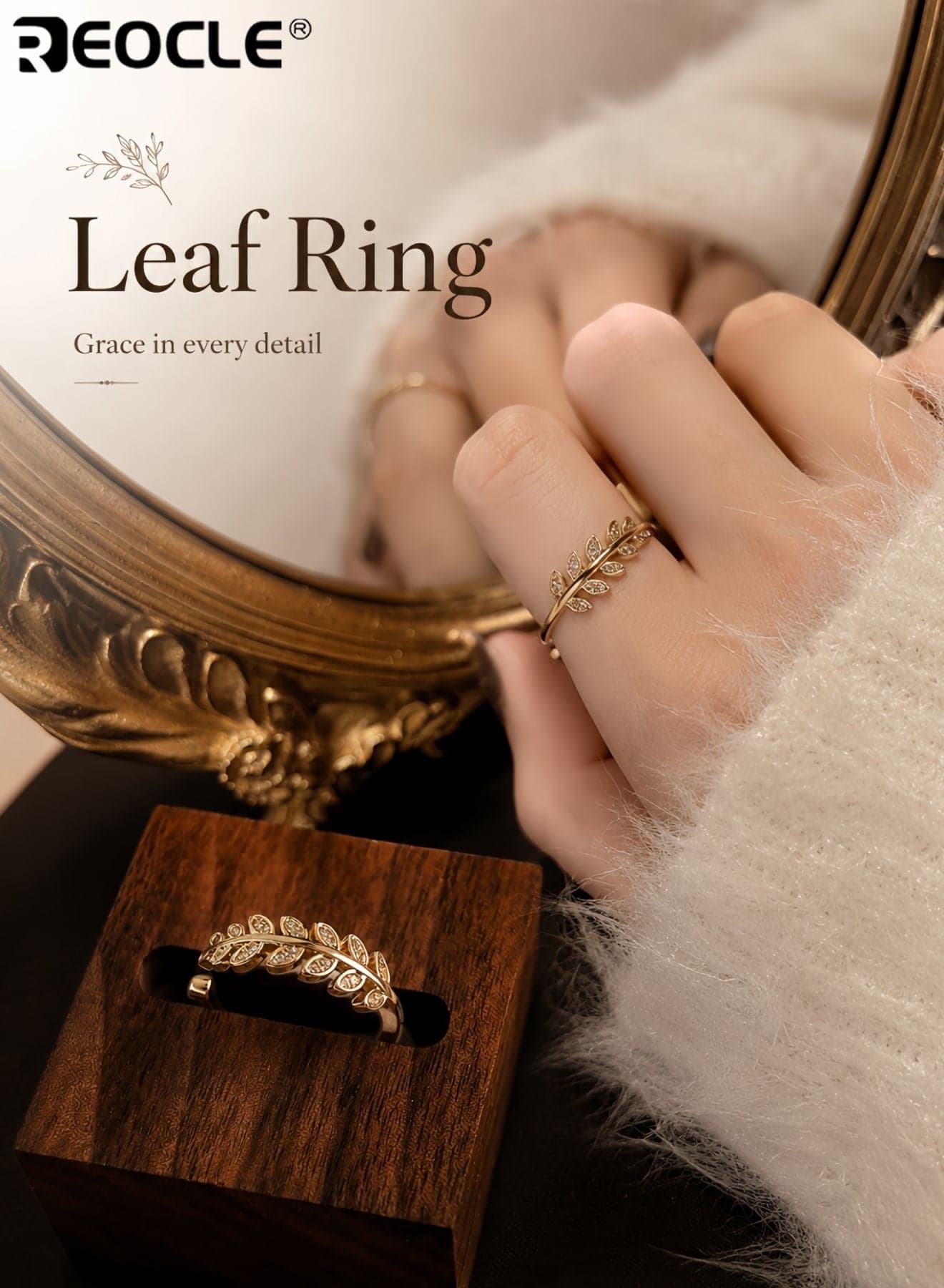 Women's Ring Open Adjustable Leaf-Accent Band Ring Ornate Nature-Inspired Design for Daily & Retro-Chic Styling