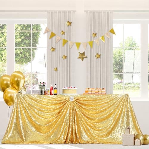 PartyDelight Gold Sequin Tablecloth 60x102 Rectangle High-Density 3mm Sequins Sewn on Mesh for 6ft Banquet Tables Shimmering Non-Shedding Table Cover for Weddings, Parties & Galas