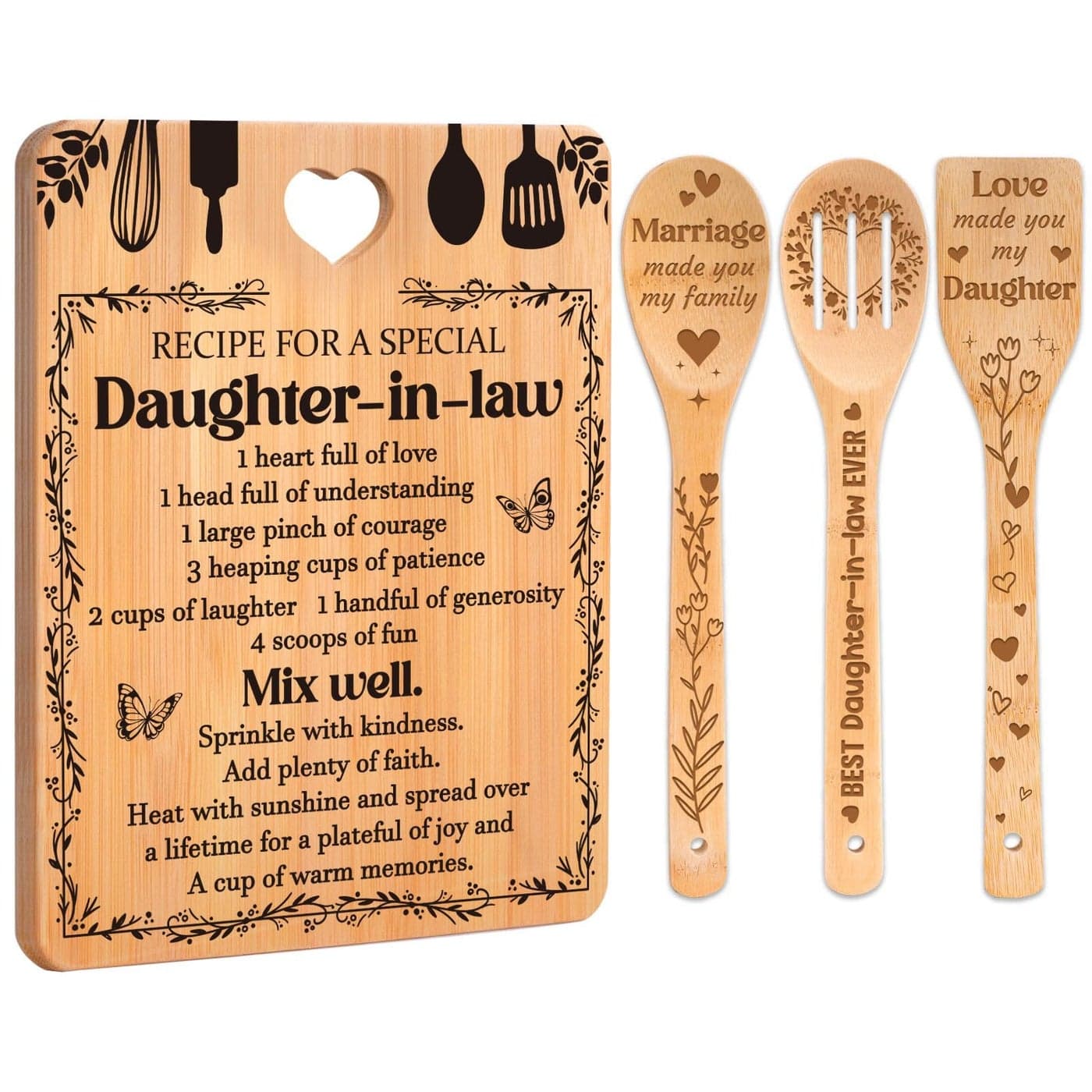 Gifts for Daughter in Law Recipe for a Special DaughterinLaw Daughter in Law Birthday Gifts Cutting Board Set BambooMade Engraved Utensil Set Christmas Gifts for Daughter in Law