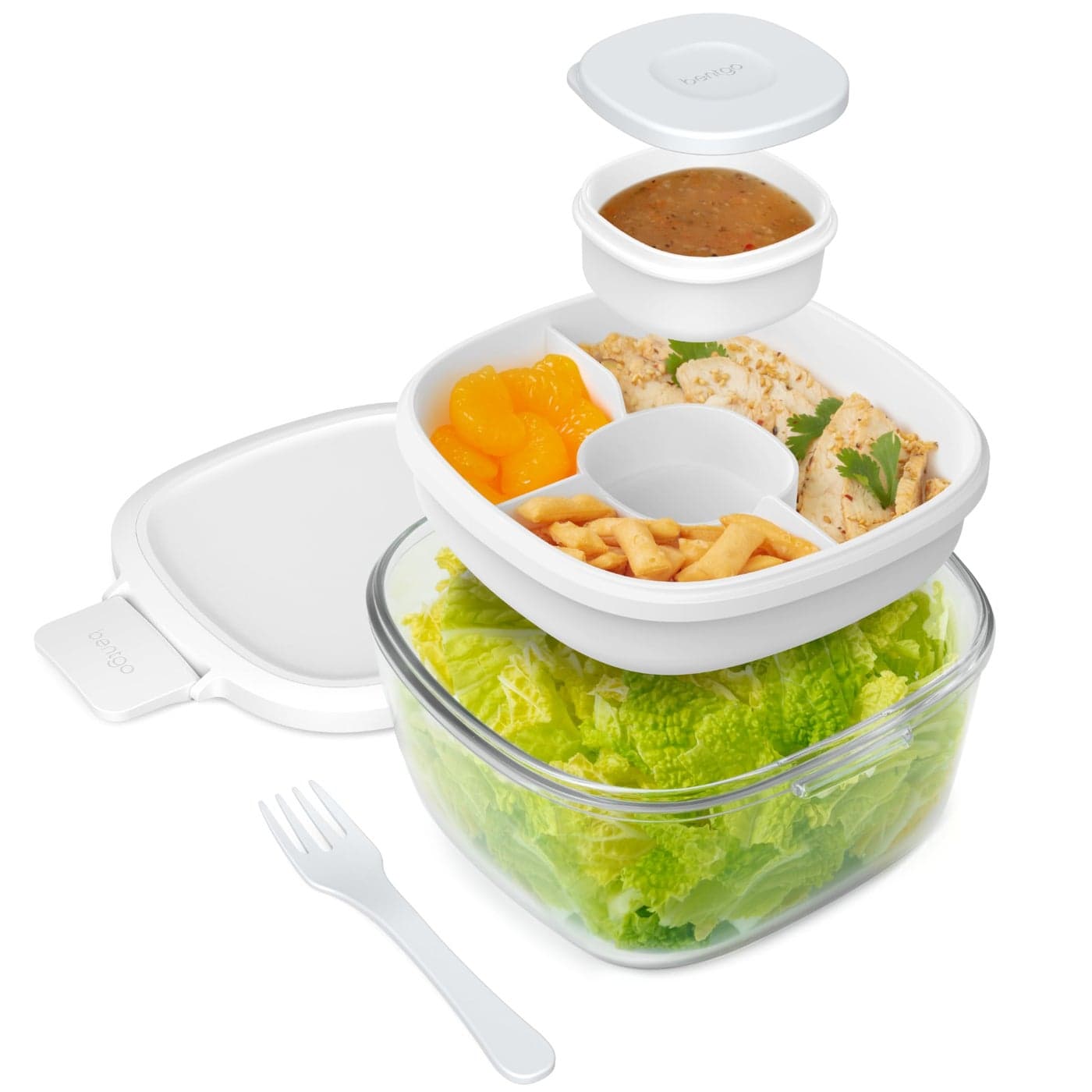 Bentgo Glass AllinOne Salad Container Large 61oz Salad Bowl with Lid 4Compartment BentoStyle Tray 3oz Sauce Container and Reusable Fork Dishwasher Microwave and Oven Safe White