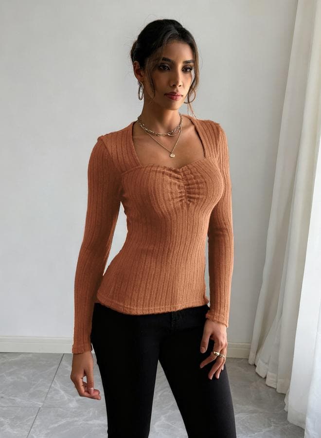 Women Orange Long Sleeve Ribbed Top