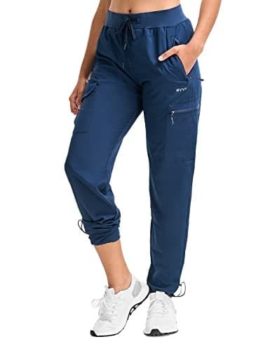 BVVU Women's Hiking Pants Lightweight Quick Dry Travel Outdoor Pants Waterproof Work Cargo Joggers with Zipper Pockets Navy Blue