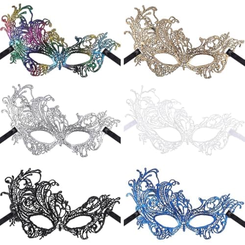 JOVITEC 6 Pieces Masquerade Mask for Women Halloween Lace Multicolored Venetian Mask for Carnival Mardi Gras Evening Prom(Colorful,Phoenix)