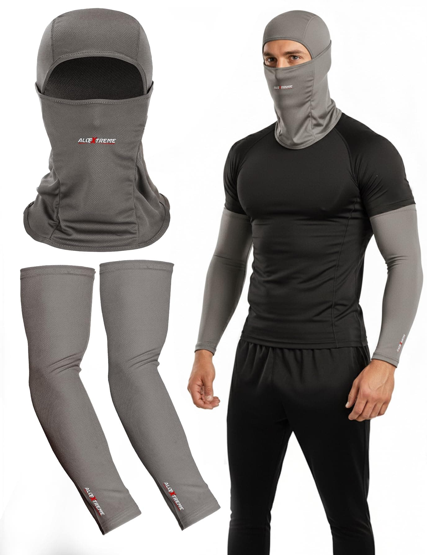 Allextreme Arm Sleeves & Full Face Mask Set Reusable UV Dust Protection Dryfit Balaclava with Hand Cover for Men Women Bike Riding Running Cycling Outdoor Protective Bike Riding Gear (Grey)