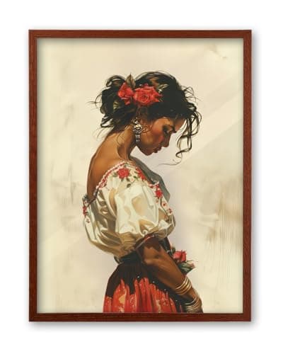 iHery Natural OAK Walnut Color Wood Mexican Framed Wall Art 12x16in Romantic Mariachi Southwestern Modern Canvas Wall Art Rustic Mexico Woman Huipil Bedroom Decor Bathroom Living Room 1Pack