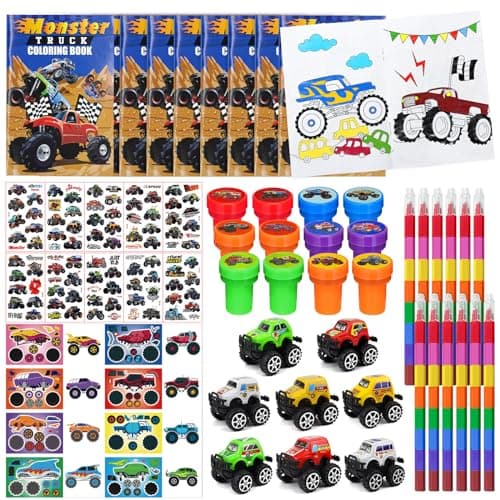Cinrobiye 72 Pcs Monster Truck Party Favors Bulk, Truck Car Coloring Books with Crayons Stickers Stampers Goodie Bag Fillers, Race Car Birthday Supplies, Wheels Party Pinata Gifts