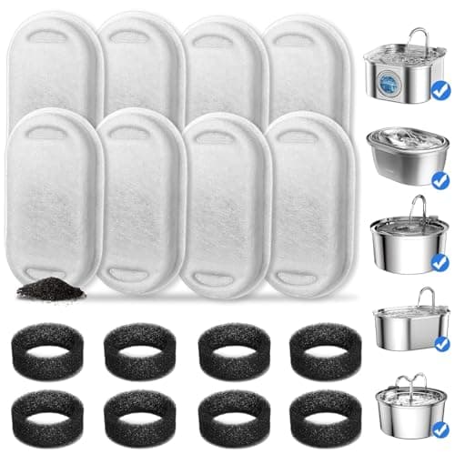 Foliam® Cat Water Fountain Filters Sponges Compatible with Stainless Steel Pet Fountain Replacement Filters for Cat Dog Fountain (Filters & Sponges, 8 Filters& 8 Sponges)