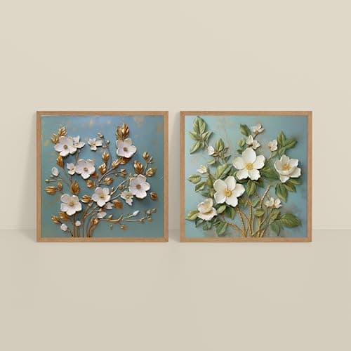 SCPmarts Elegant Floral Wall Art Set of 2 (10 x 10 Inch) – Framed Flower Paintings for Living Room, Bedroom & Office Décor Theme 6 (Natural)