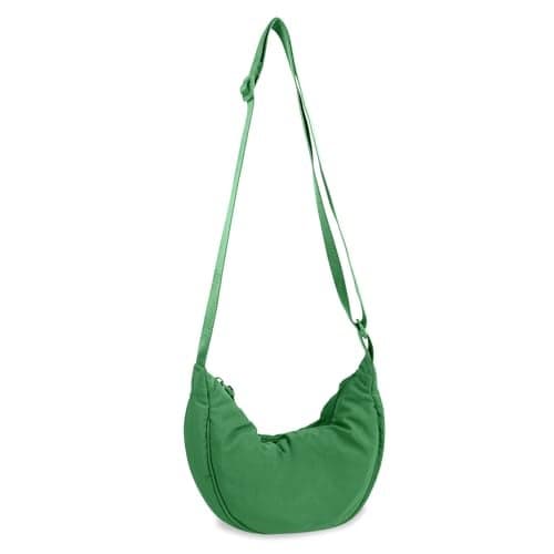 Nylon Crescent Crossbody Bag for Women Purses Trendy Men,Small Travel Sling Bag Hobo,Lightweight Fanny Pack with Zipper Adjustable Strap,Round Soft Shoulder Pouch Bag for Everyday Use(Forest Green)