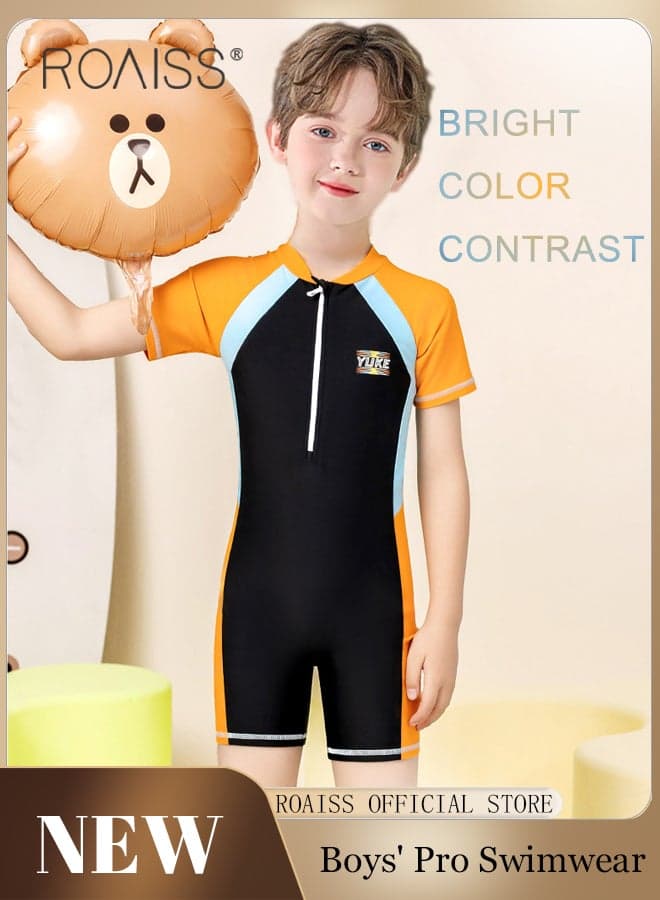 Boys' One-Piece Swimsuit, Full-Body Crew Neck Zipper Swim Set, Professional Training Quick-Dry Breathable High-Stretch Swimwear for Older Children