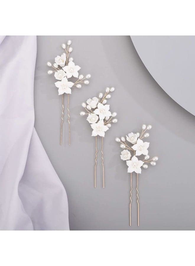 3pcs White Flower Pearl Hair Pins Bridal Silver Pearl Beaded Hair Pins Handmade Wedding Hair Accessories for Women Girls Bridesmaids (Silver)