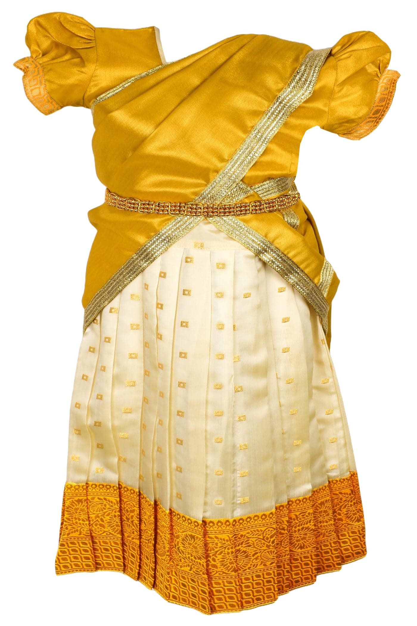 AMIRTHA FASHION Cotton Blend Rechesta New South Indian Traditional Pattu Pavadai Pattu Langa Readymade Lehenga Choli Jecquard Lehenga Choli For Half Saree Girls Dress (Kerala Gold) (6-12 Months)
