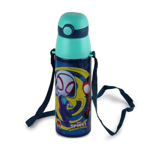 CELLO Kidzbee Series Orb 400 Inner Steel Insulated Water Bottle, 380ml, Navy Blue | 3D Touch & Feel Web Warriors Design | Leakproof Flip Top Spout, Easy to Carry | Cold Water Bottle for Kids School