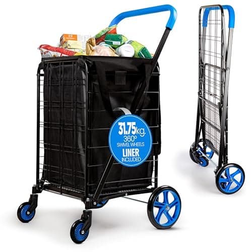 SereneLife Small Compact Folding Shopping Cart with Removable Waterproof Liner 360 Swivel Wheels RustProof Steel Frame 70lb Capacity Portable Grocery Laundry Travel Cart Blue