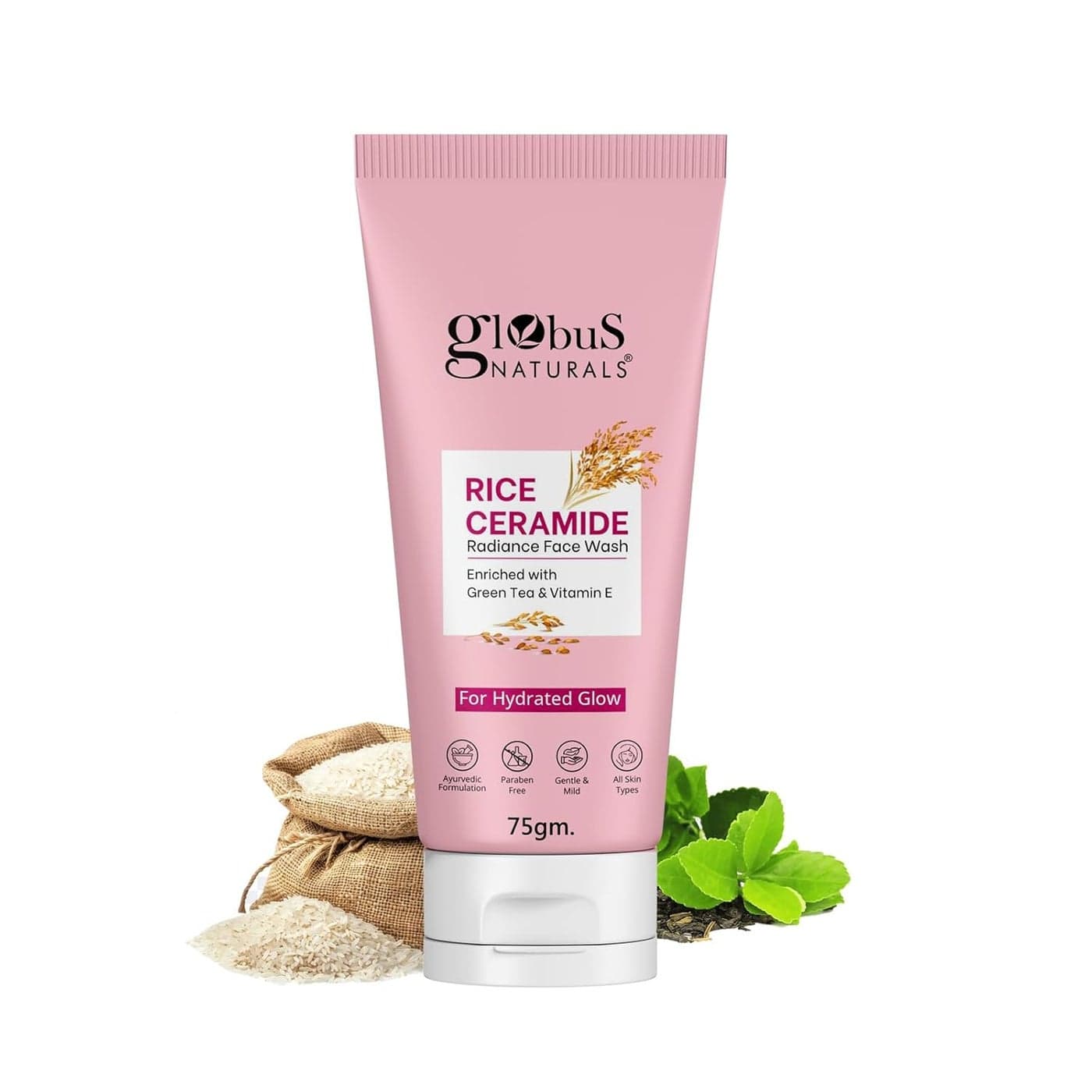 Globus Naturals Rice Ceramide Korean Velvety Skin Face Wash For Hydrated Glow Improves skin barrier Ayurvedic Preparation Paraben Free Gentle Mild Suitable For All Skin Types 75 gm
