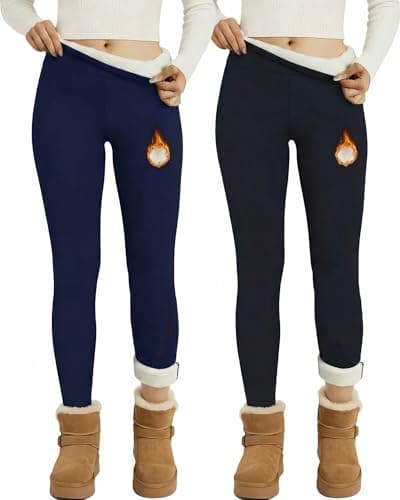 Coume 2 Pcs Fleece Lined Leggings for Women Soft High Waisted Thermal Workout Yoga Pants Women Warm Winter Thick LeggingsBlack Navy BlueS