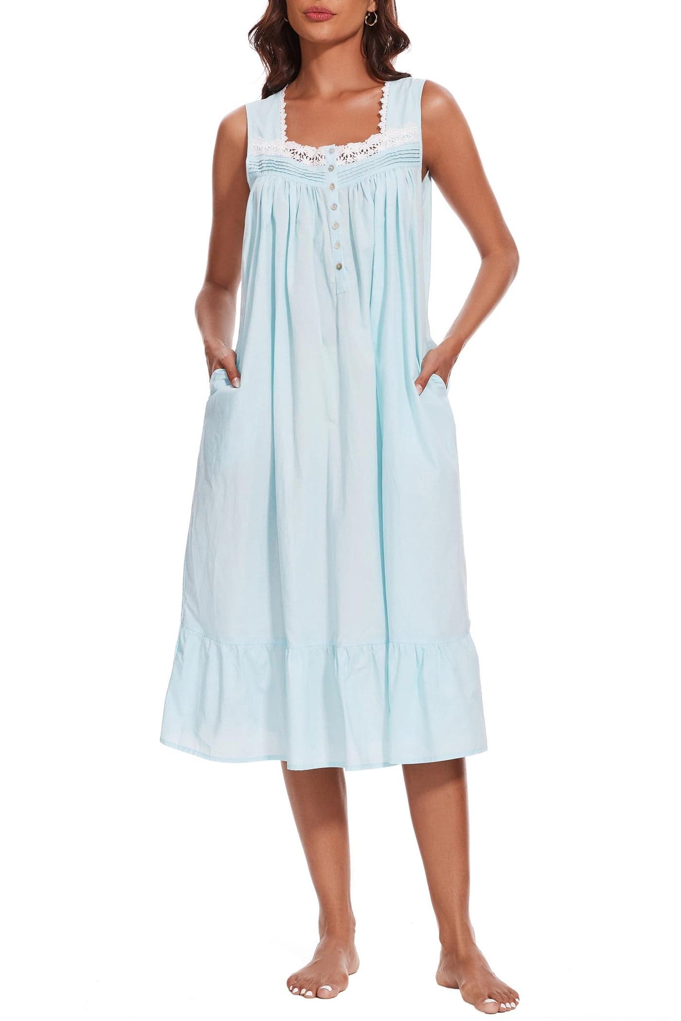 AVIIER 100 Cotton Nightgowns for Women Sleeveless Sleep Dress Ladies Gowns Sleepwear with Pockets Light Blue XXLarge