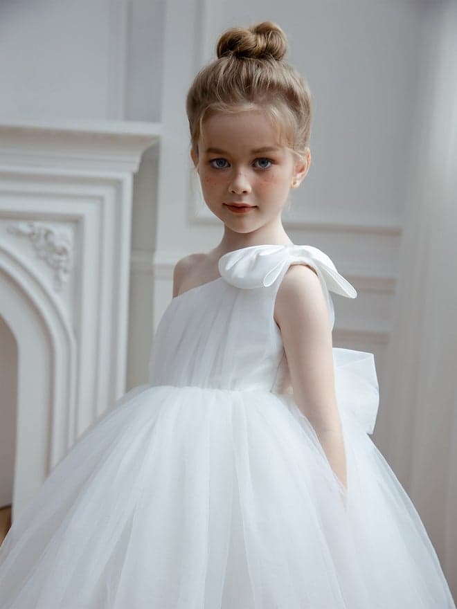 Girls One Shoulder Bow Detail Mesh Party Dress