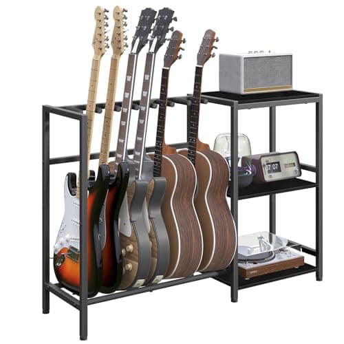 MAHANCRIS Guitar Stand, Guitar Holder for 5-6 String Instruments, Suitable for Acoustic Guitar, Bass, Guitar Rack with Side Shelves for Record Player, with Non-Slip Rubber Pads, Black GSBK9701V1