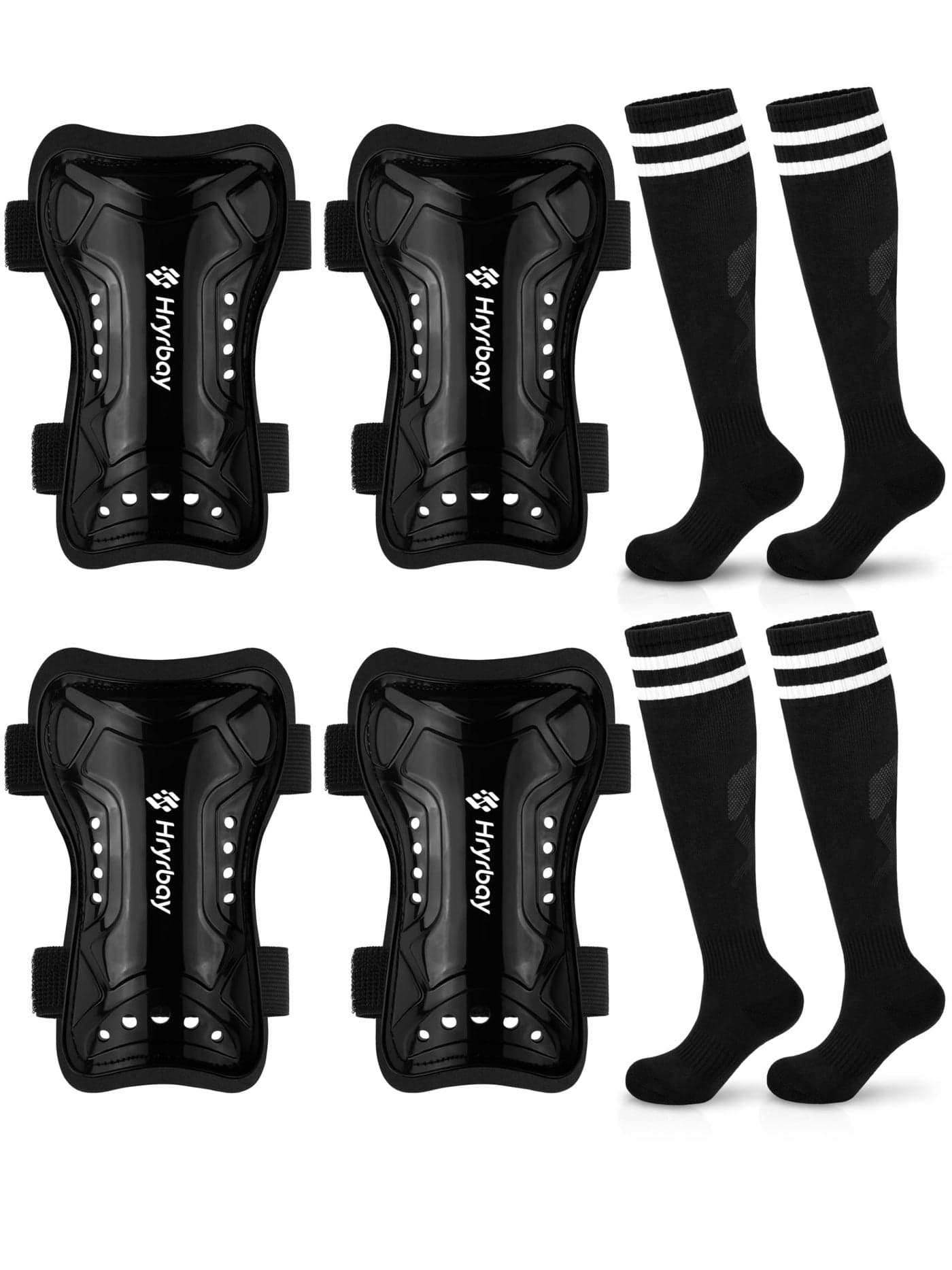 Hryrbay 2 Pairs Kids Soccer Shin Guards and Socks Set Toddler Soccer Shin Pads Protective Defender Gear for 3-15 Years Old Youth Boys Girls Black, Black Medium