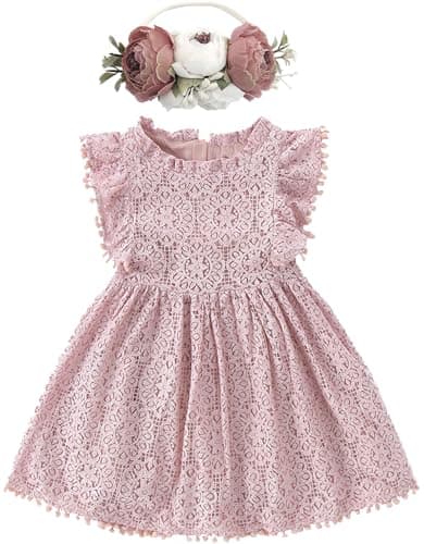 BGFKS Baby Girl Tutu Dress Elegant Lace Pom Pom Flutter Sleeve with Flower Headband Set(Dusty Rose,6 Months)