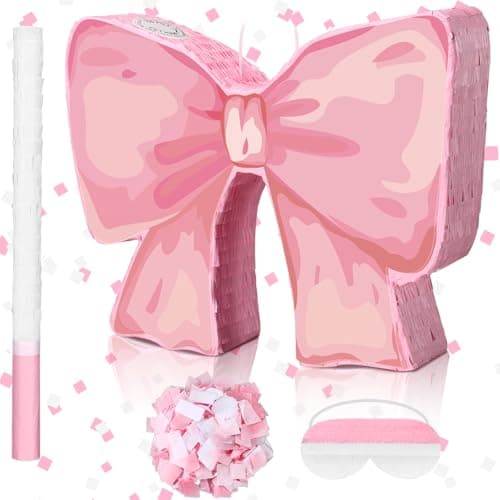 Feifeiya Coquette Pink Bow Piata Pink Party Piata Bundle with a Blindfold Bat and Confetti Birthday Coquette Party Supplies