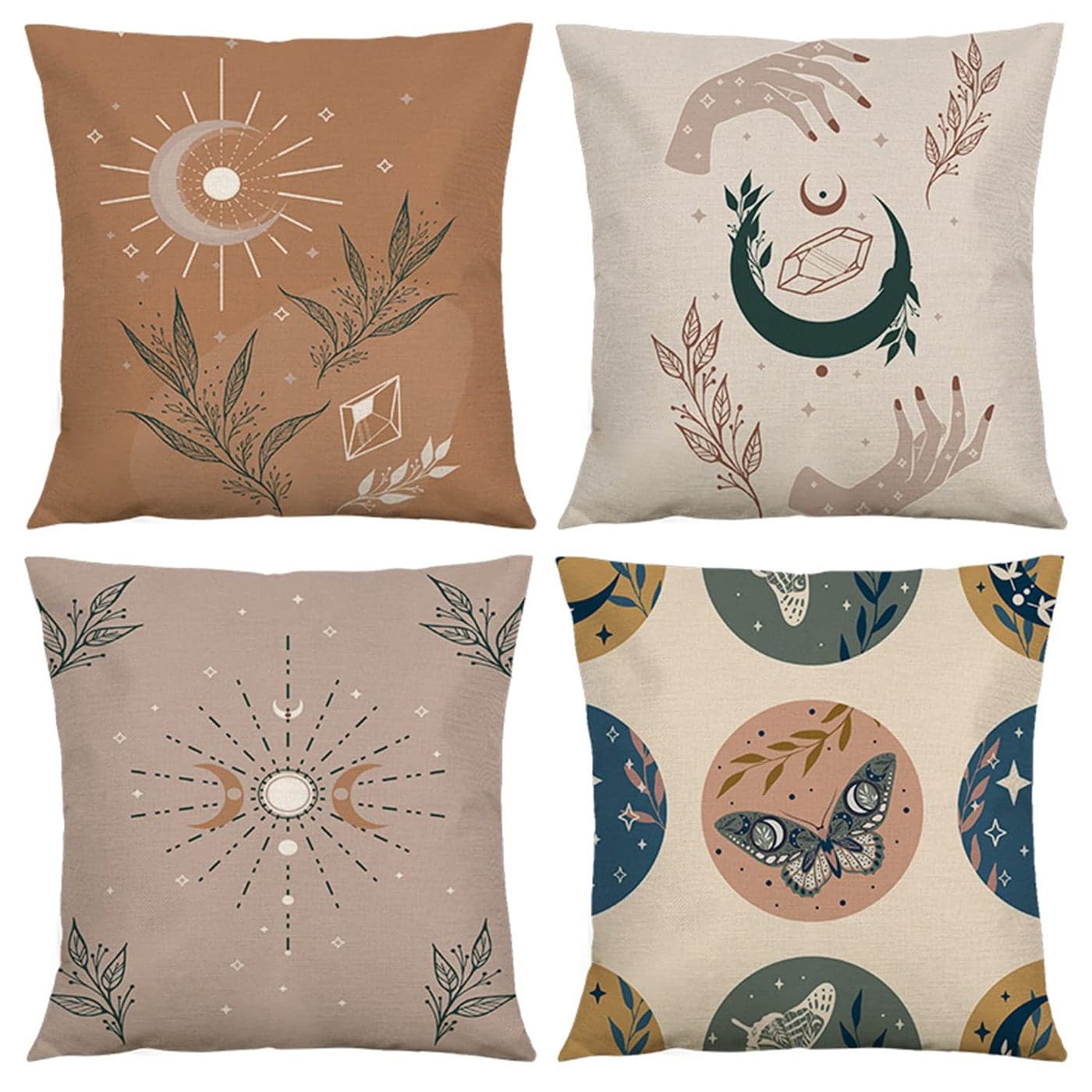 RinRinfam Boho Abstract Throw Pillow Covers 18x18 Set of 4 Sun and Moon Phase Moth Butterfly Crystal Hand Linen Square Pillow Cushion Cases Modern Home Decor