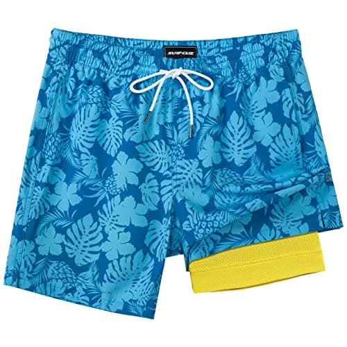 SURF CUZ Mens Swim Trunks with Compression Liner Quick Dry Swim Shorts 7" Swimming Trunks Stretch Zipper Pockets Blue Flower Leaves Large