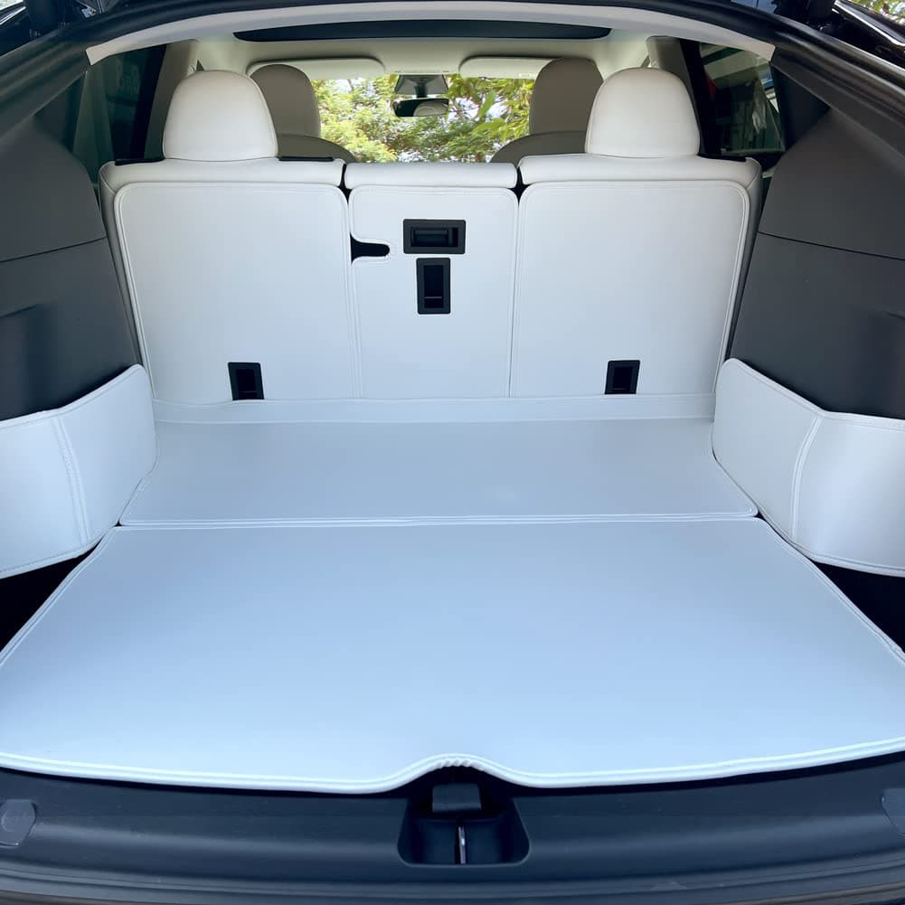 Fit Juniper Model Y Tesbeauty Cargo Liner for Tesla Model Y 5 Seater Trunk Mats AllWeather Vegan Leather on topSoft Velcro at BottomMemory Foam in Between Materials AntiScratch NonSlip White