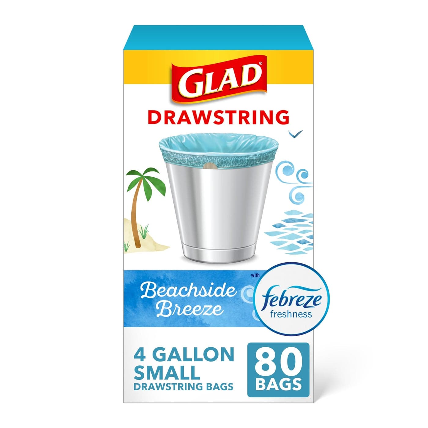 Glad Small Trash Bags 4 Gallon Febreze Beachside Breeze Garbage Bags Odor Resistant with Drawstring 80 Count