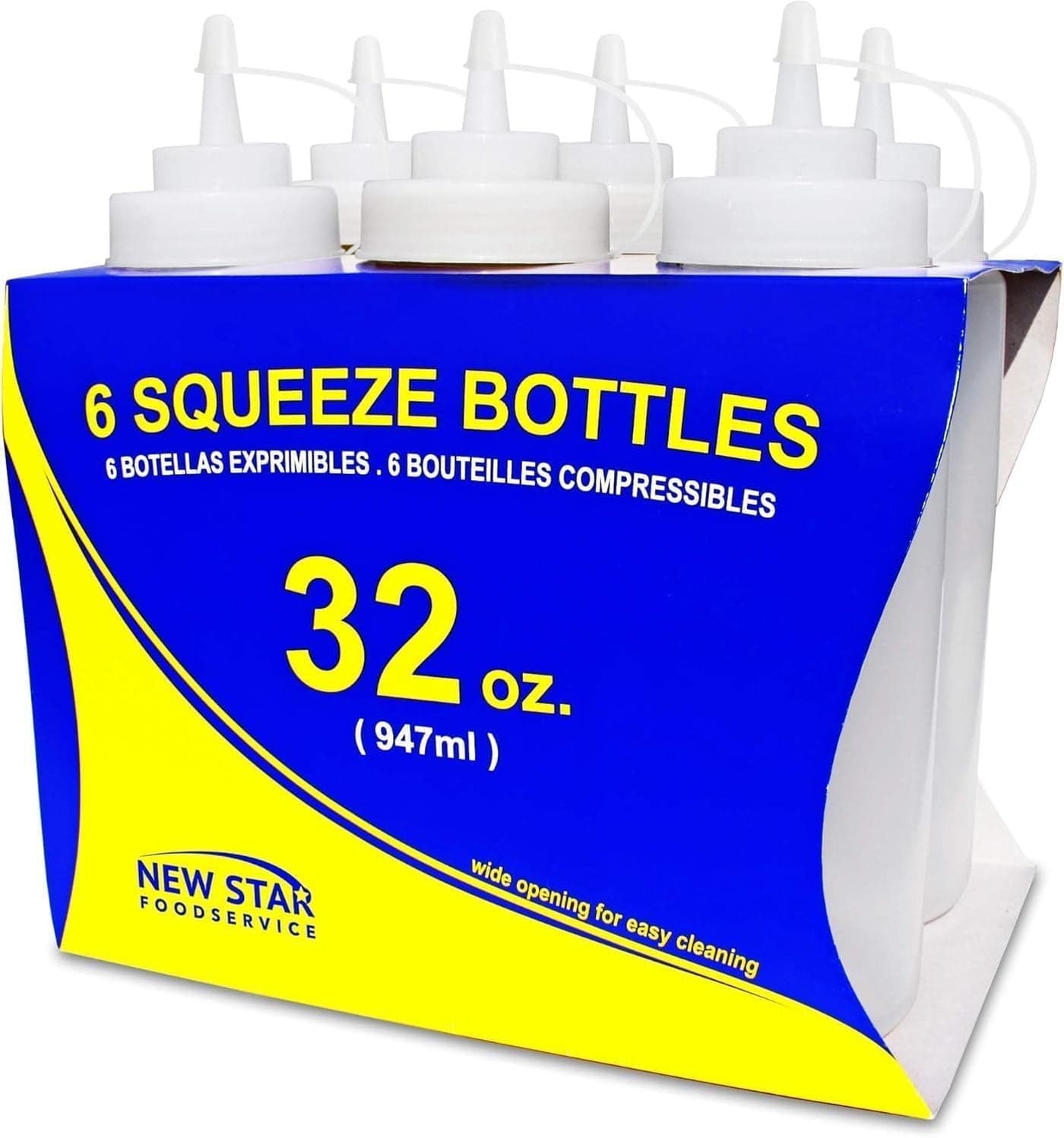 New Star Foodservice Squeeze Bottles Plastic Wide Mouth 32 oz Clear Pack of 6