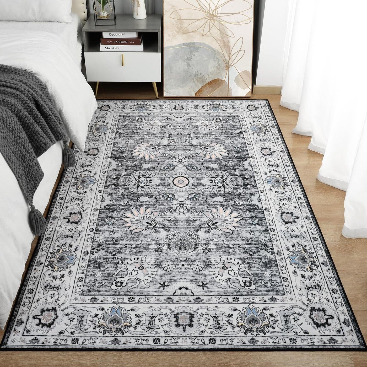 ULTSOFE Area Rug 4x6 Washable Rug Grey Boho Rugs for Bedroom Bedside Living Room Non Slip Low Pile Vintage Rug Floral Print Mat for Dining Room Home Office