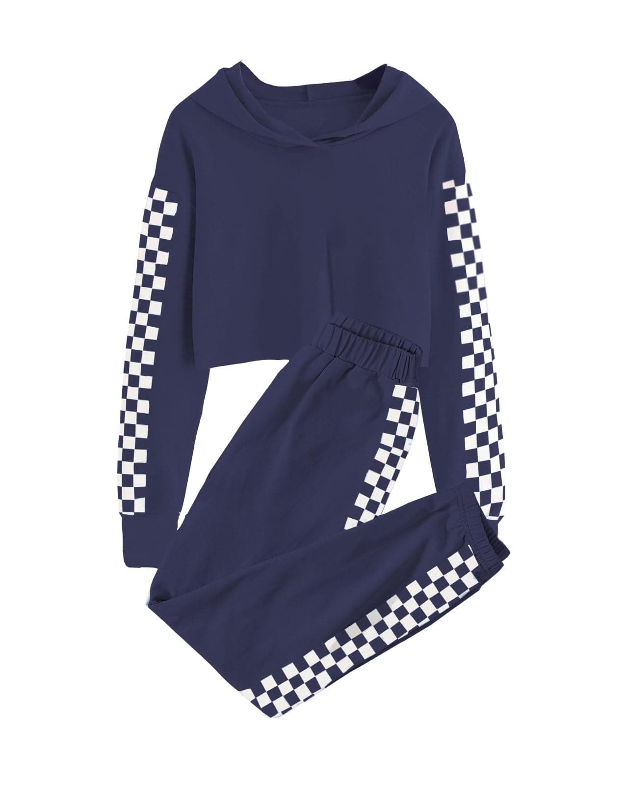 Meikulo Crop Tops Hoodies for Teen Girls Clothes Kids Cute Long Sleeve Checkered Sweat Shirts and Pants Two Piece Outfits Sweatsuit Clothing Sets Navy Blue 1314 Years